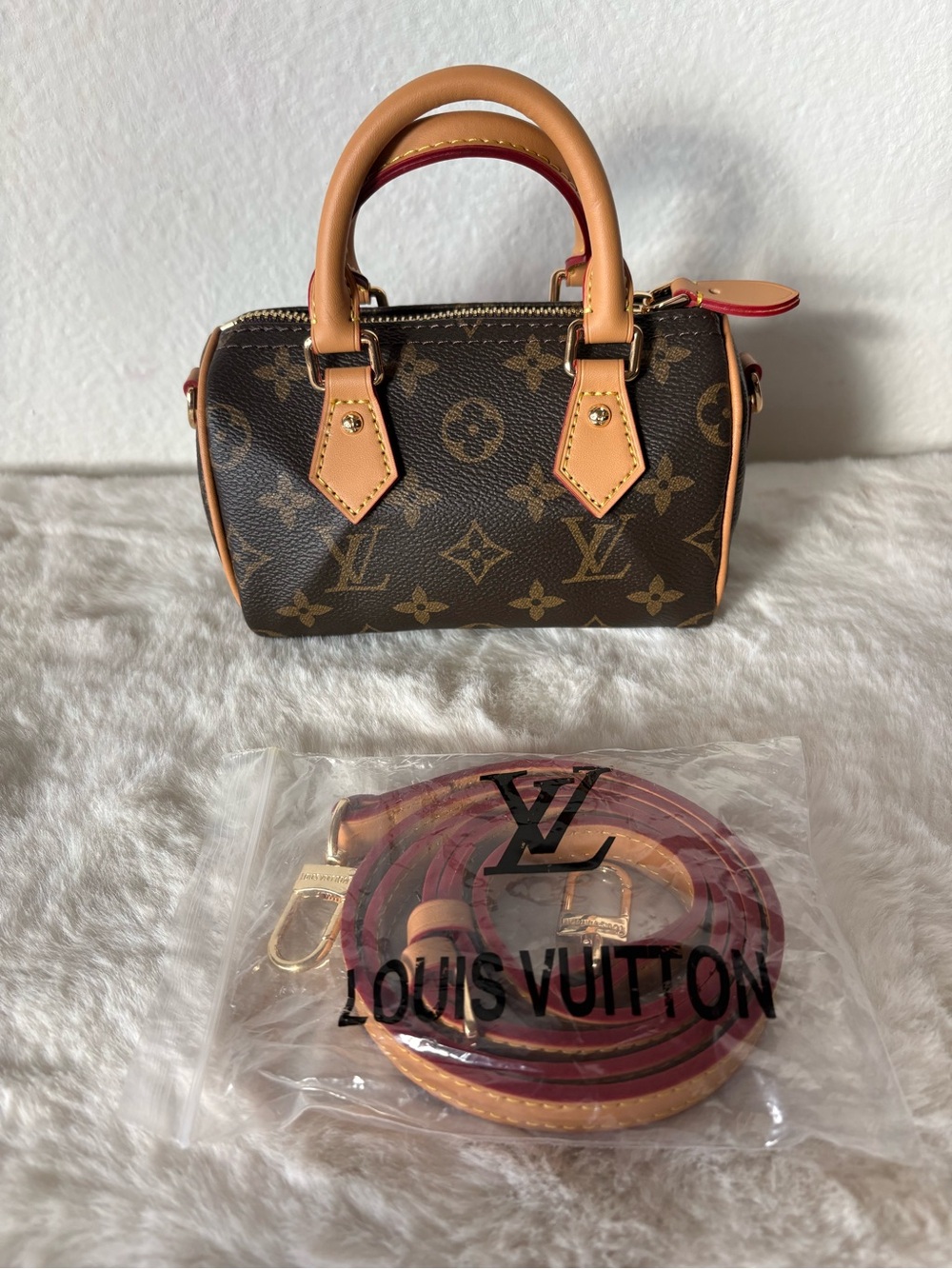 Inspired Monogram Mini Speedy Satchel in Brown and Tan with Red Trim